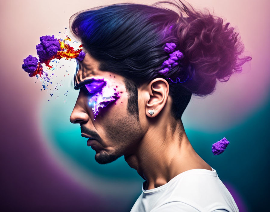 Vibrant artistic makeup with colorful explosion effect symbolizing creativity