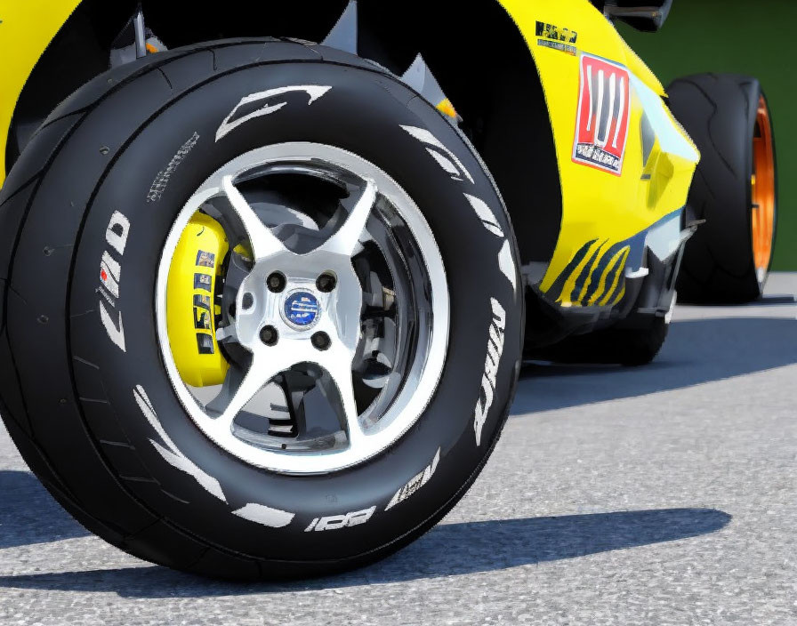 Detailed Bridgestone tire tread pattern on race car with yellow car in background