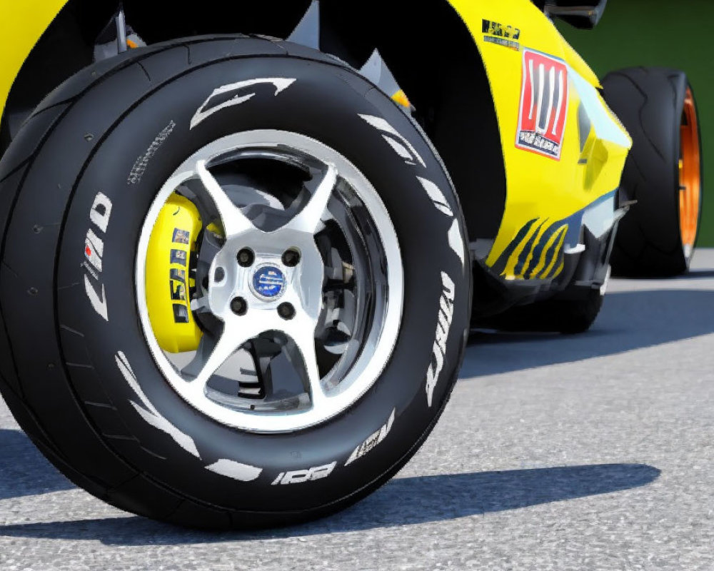 Detailed Bridgestone tire tread pattern on race car with yellow car in background