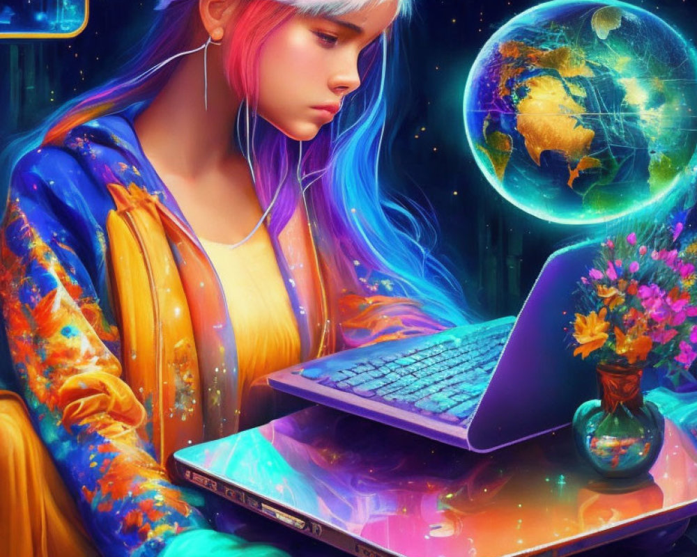Vibrant illustration of person with blue and pink hair using laptop surrounded by cosmic imagery