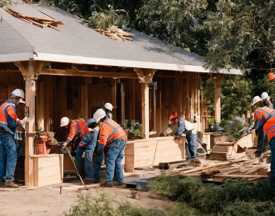 Construction Workers in Safety Vests and Helmets Building Wooden Structure