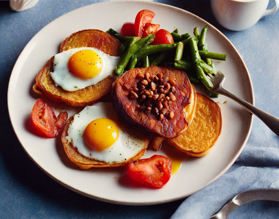 Plate of pancakes with fried eggs, bacon, beans, green beans, and tomatoes with fork