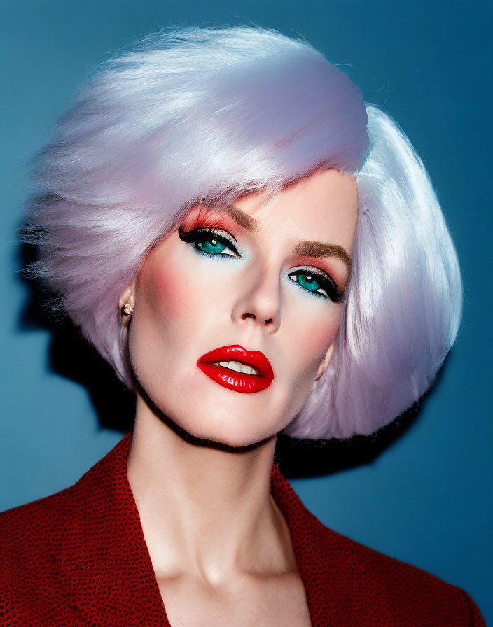 Portrait of a Person with White Bob Hair, Red Lipstick, Blue Eyeshadow, and Red