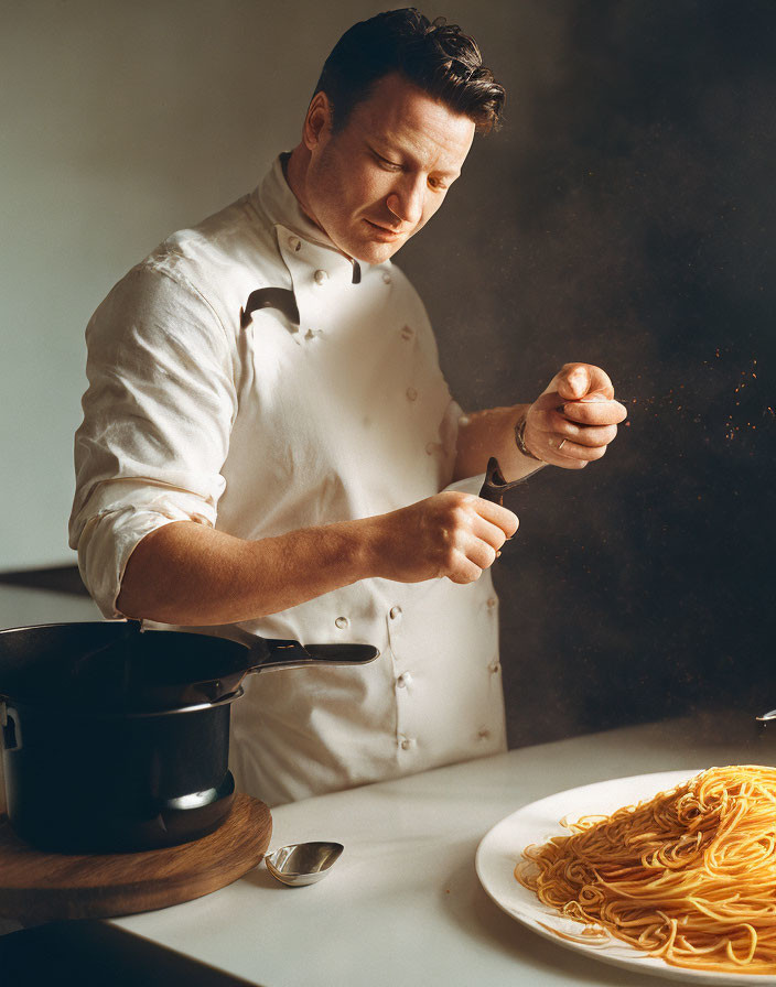 Chef in white uniform seasons dish over stove with spaghetti plate.