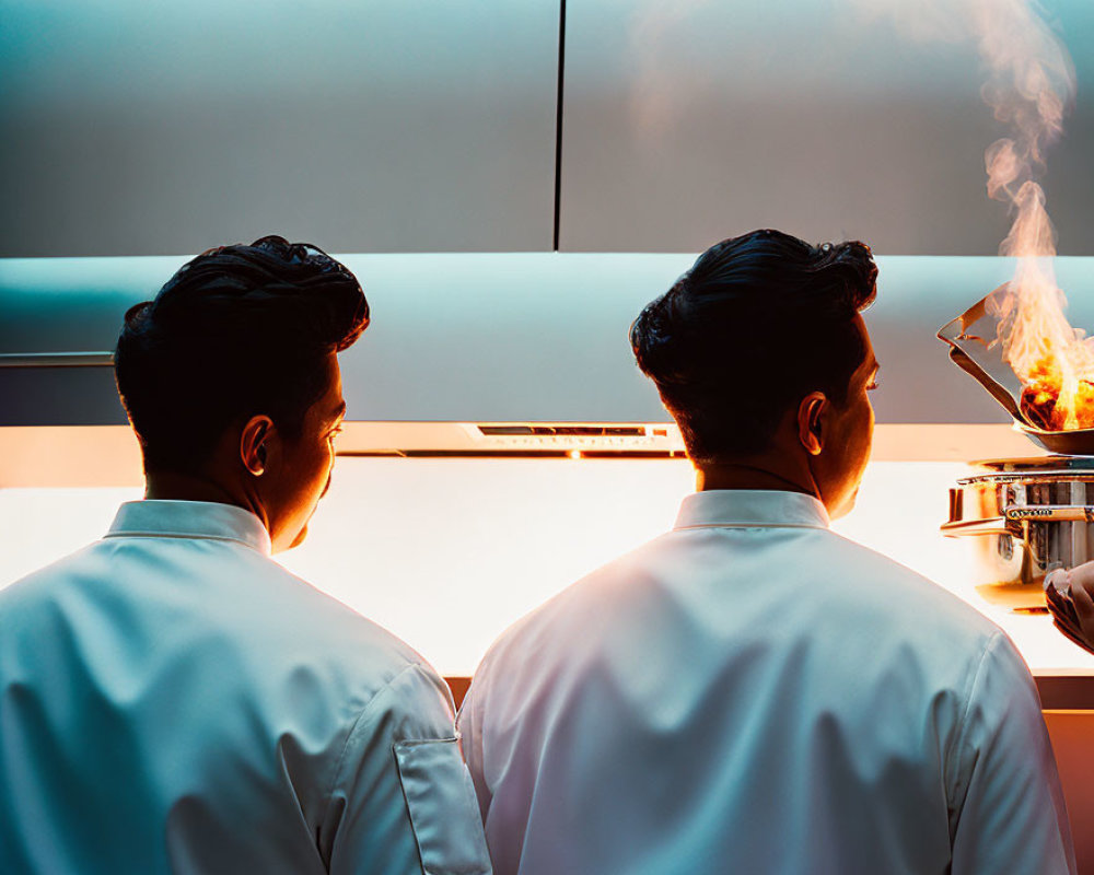 Two chefs in white jackets cooking in a kitchen, one stirring a pot with steam and the other flaming