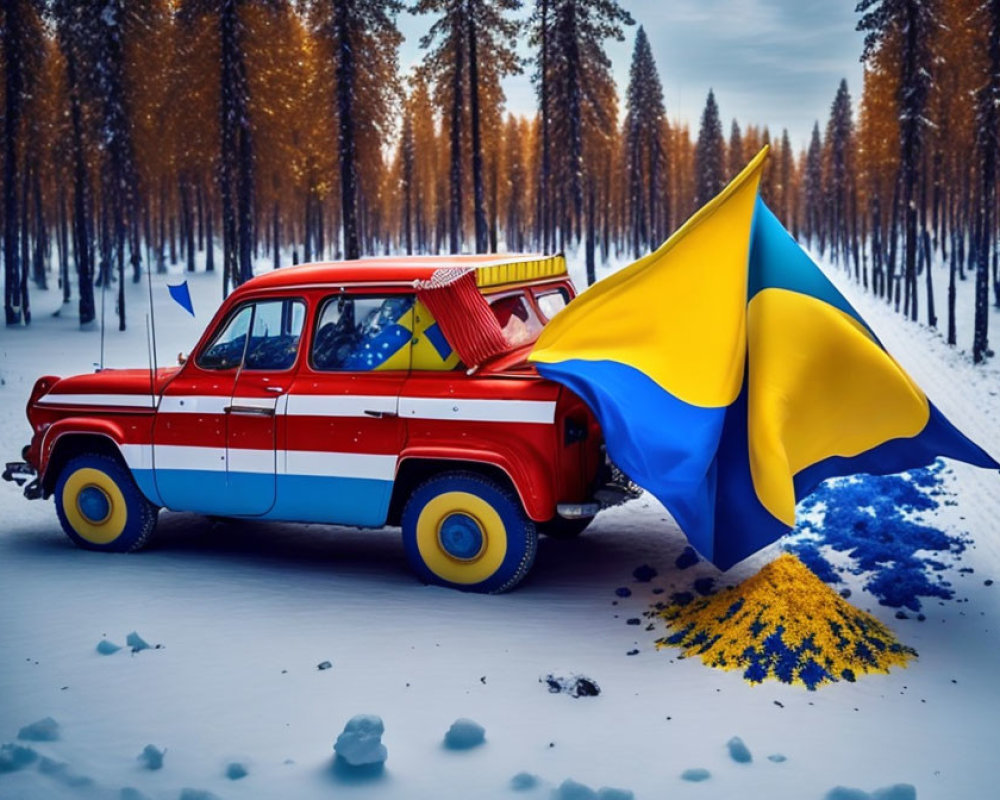 Vintage Car with Colorful Stripes and Ukrainian Flag in Snowy Forest