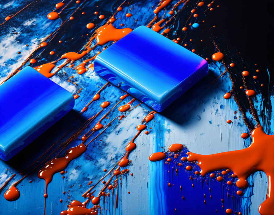 Vibrant blue and orange paint splatters on blue soap bars surface