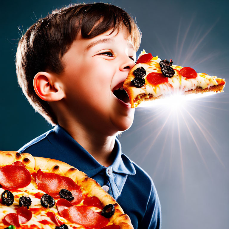 Boy in blue shirt enjoying pepperoni pizza in bright light