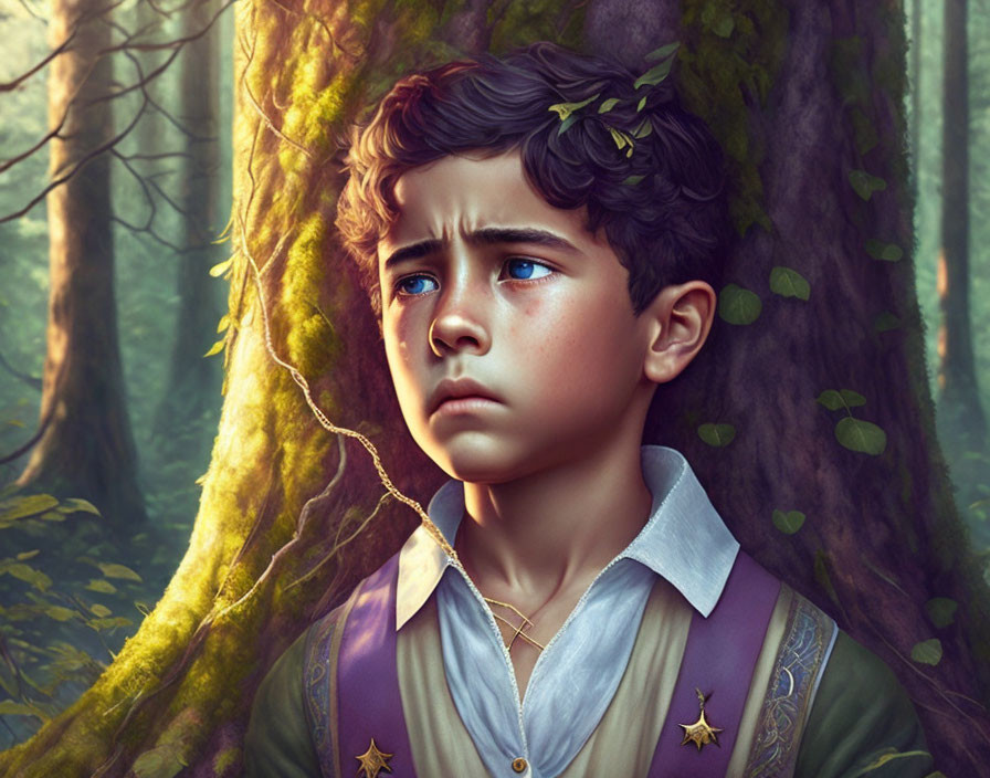 Digital artwork: Young boy with pensive expression in enchanting forest