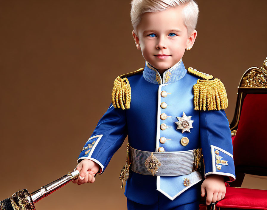 Blond Boy in Blue Military Uniform with Sword by Red Throne