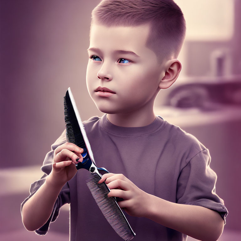 Young child with neat hairstyle holding scissors and comb.