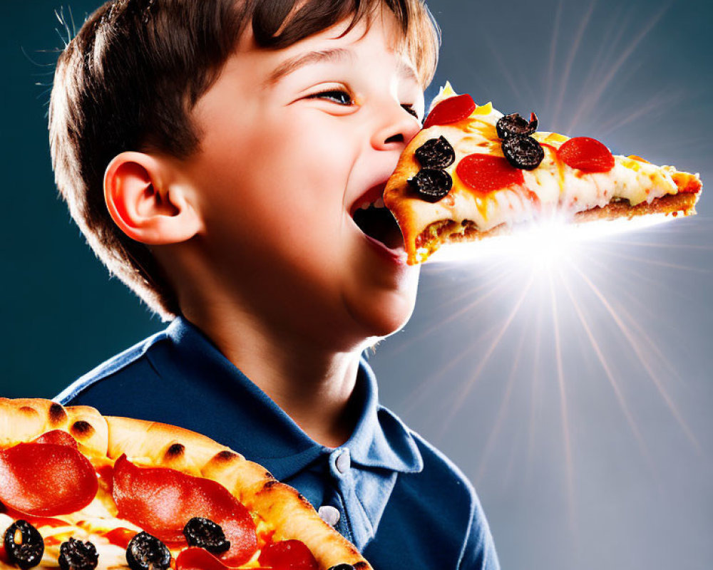 Boy in blue shirt enjoying pepperoni pizza in bright light