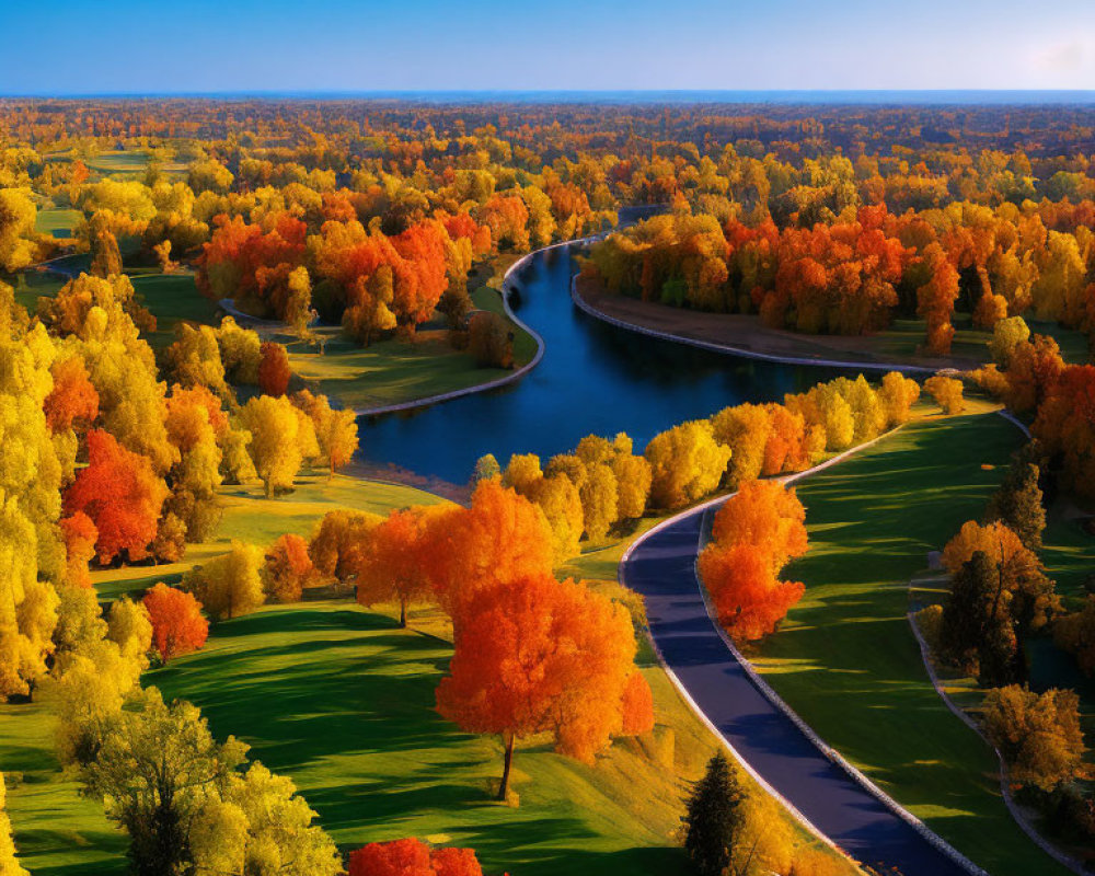 Vibrant autumn foliage along meandering river pathways