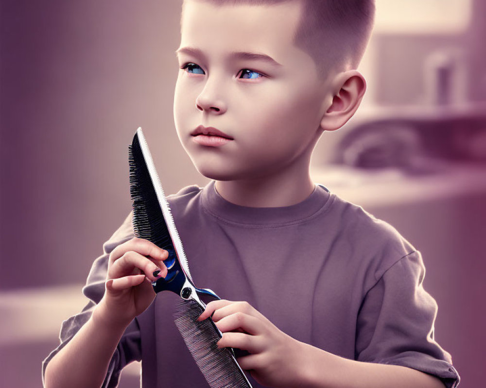 Young child with neat hairstyle holding scissors and comb.