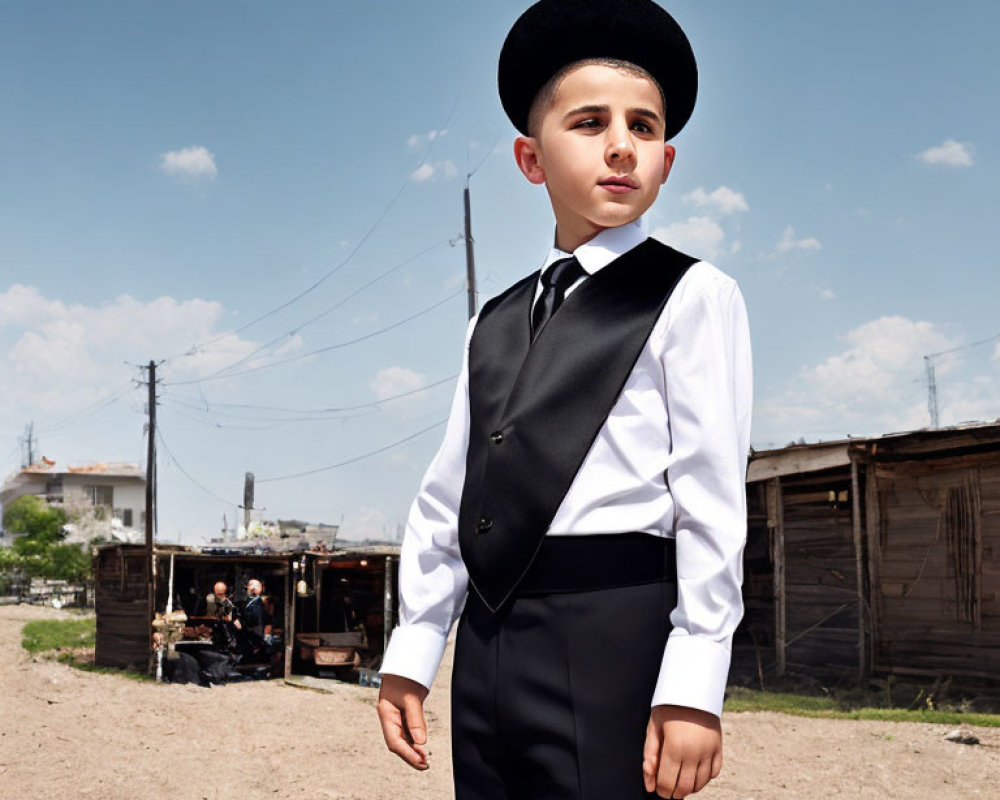 Young boy in formal attire with black hat standing confidently outdoors with seated men under open structure on sunny day