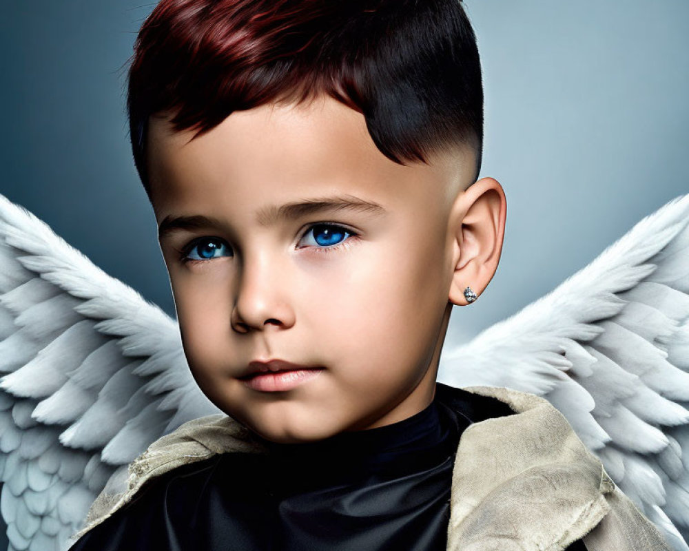 Young child with blue eyes, red-tipped haircut, black cape, and angel wings on blue background