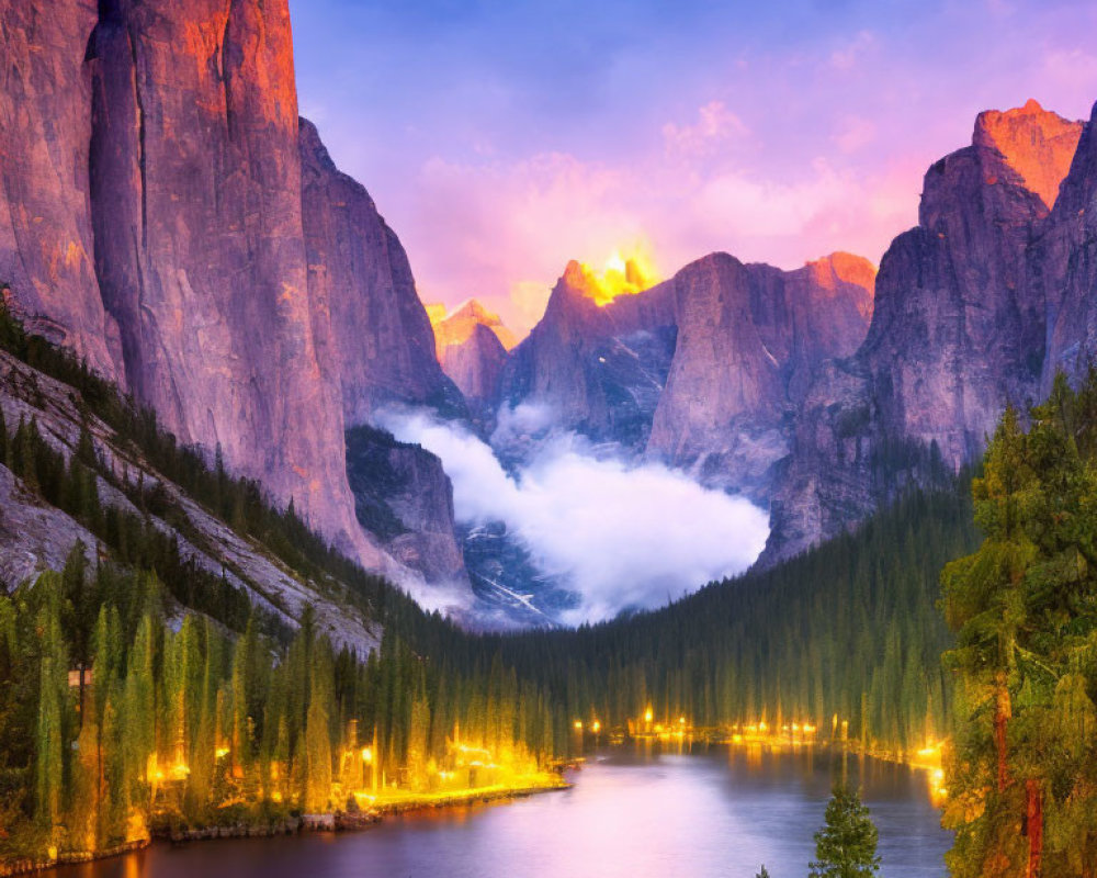 Tranquil Dawn Lake with Waterfall, Trees, and Cliffs