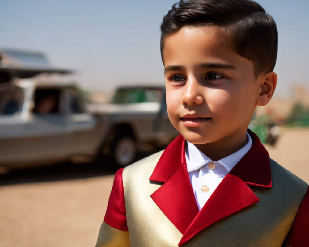 Young boy in red and gold suit gazes outdoors