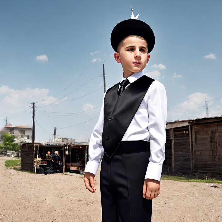 Young boy in formal attire with black hat standing confidently outdoors with seated men under open structure on sunny day