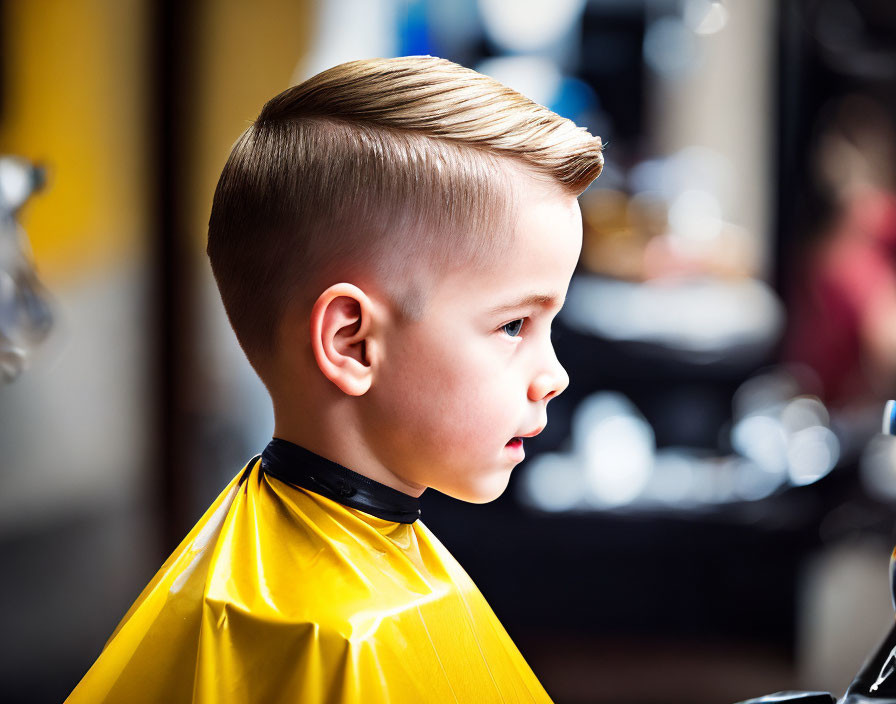 Young boy with side-parted haircut in barber's chair wearing yellow cape