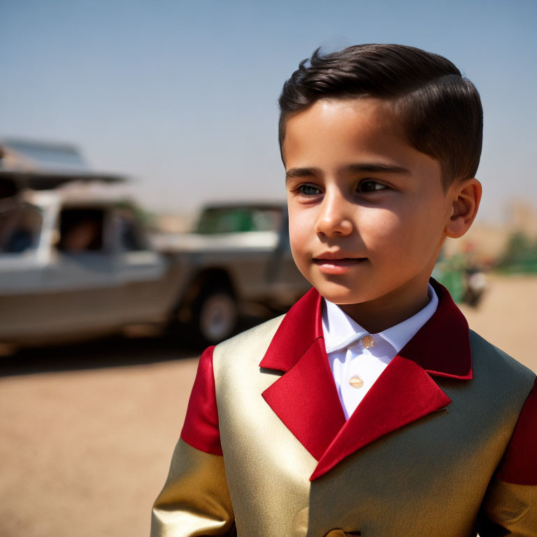 Young boy in red and gold suit gazes outdoors