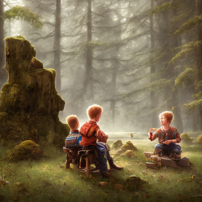 Children sitting on wooden stools in a mystic forest with sunlight and teddy bear.