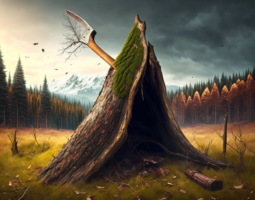 Axe lodged in moss-covered stump with flying leaves, pine trees, mountains, dramatic sky