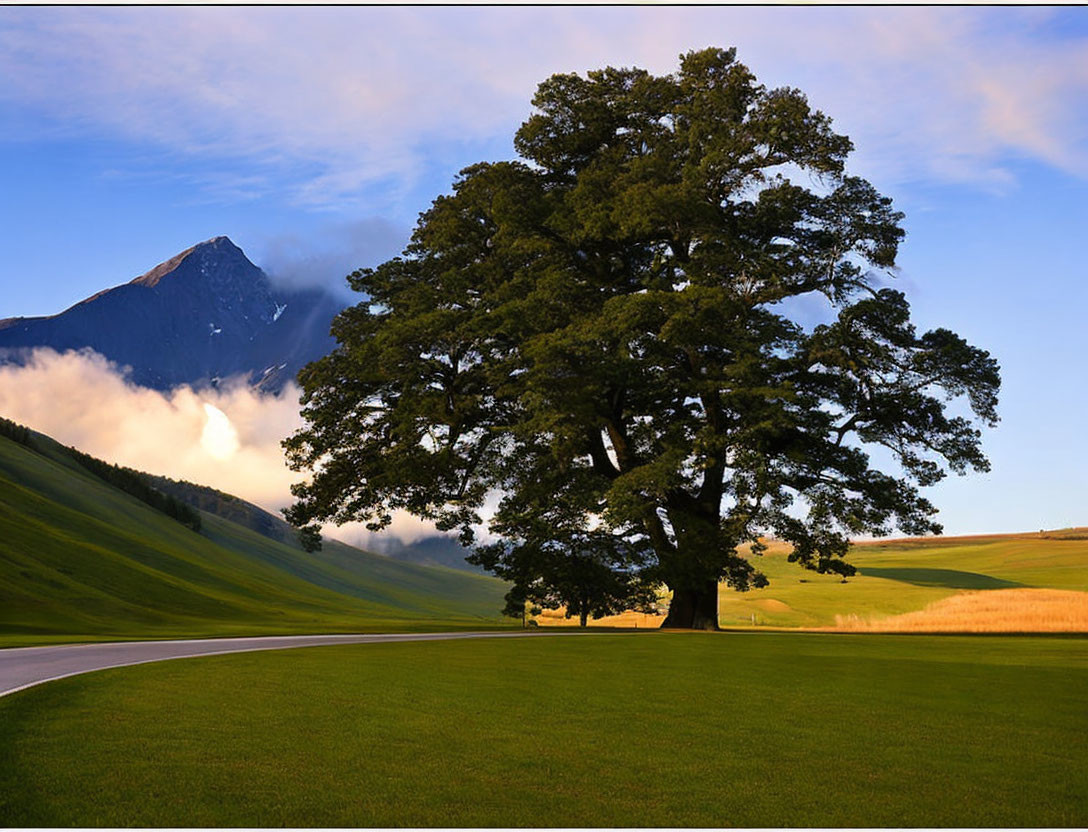 Majestic tree by winding road with green hills and mountain.