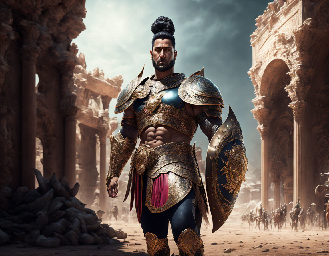 Regal warrior in golden armor on ancient battlefield ruins