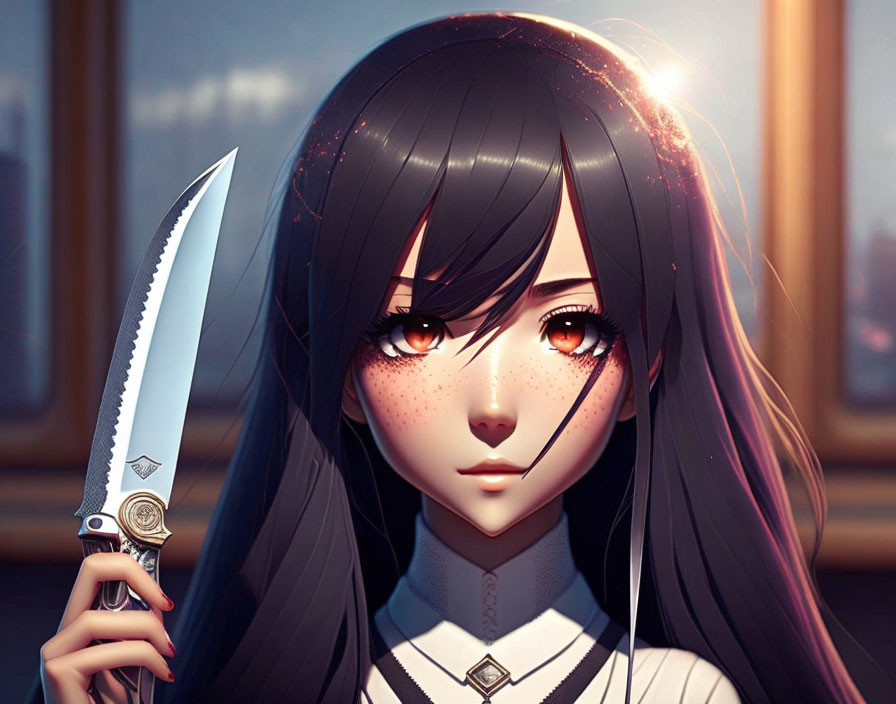 Long-haired anime girl with knife against sunset backdrop.