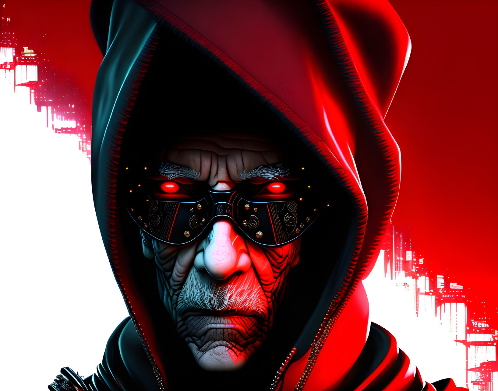 Detailed illustration of elderly figure in hood and glowing goggles against digital backdrop