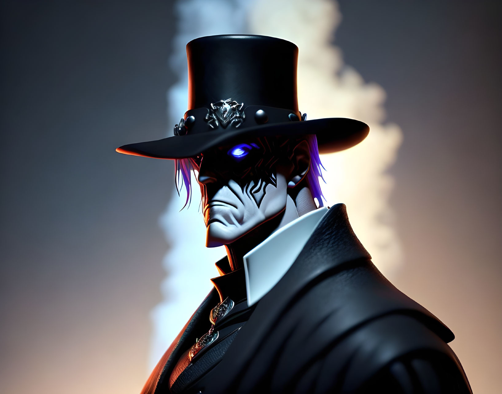 Character with Glowing Blue Eyes in Top Hat & Suit on Dark Background