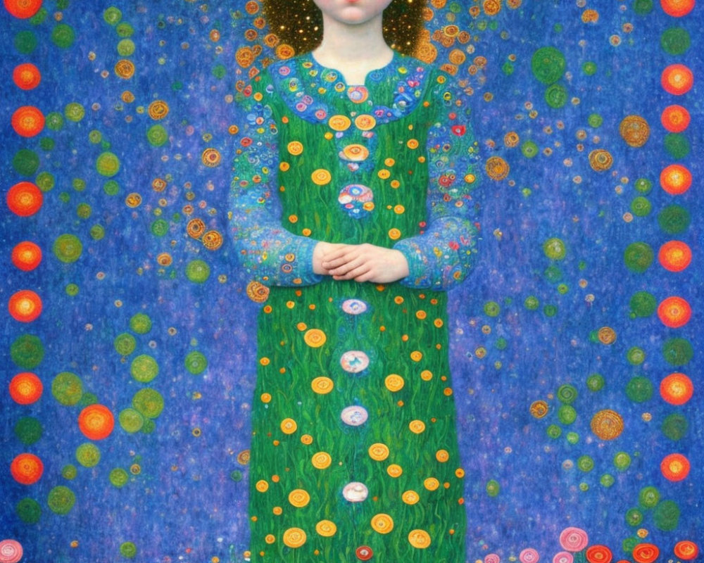 Young Girl in Patterned Dress Against Blue Background with Colorful Circles and Swirls