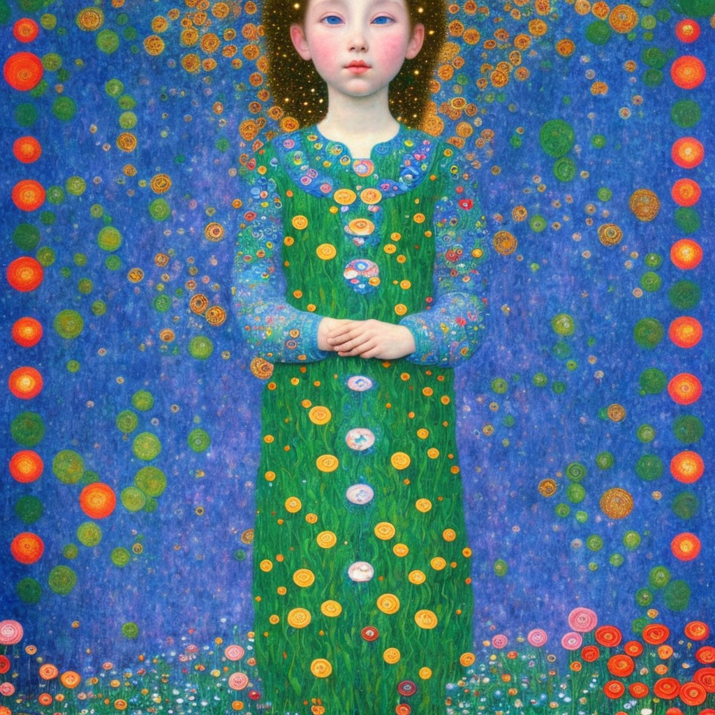 Young Girl in Patterned Dress Against Blue Background with Colorful Circles and Swirls