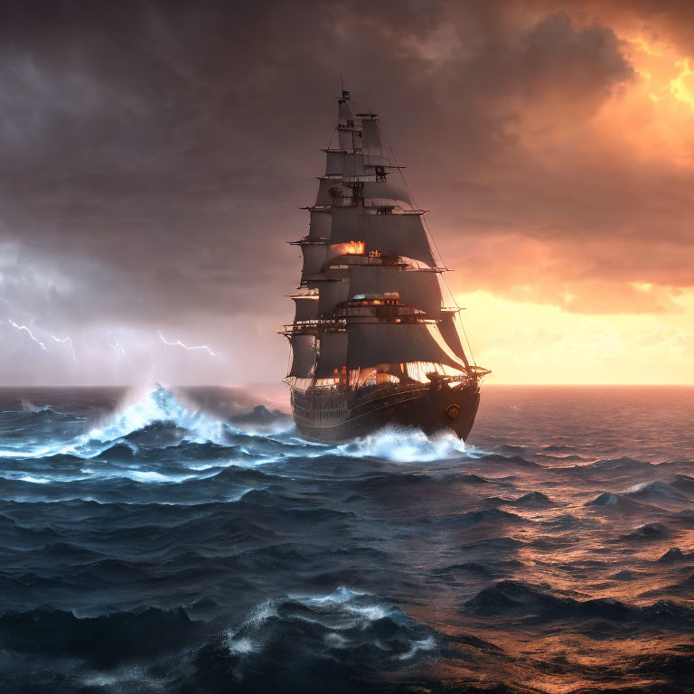 Tall ship sailing turbulent seas under dramatic sunset sky