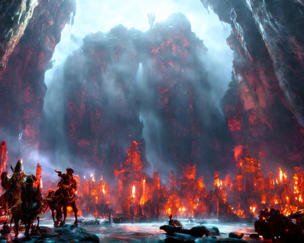 Volcanic cave with glowing lava field and silhouetted figures