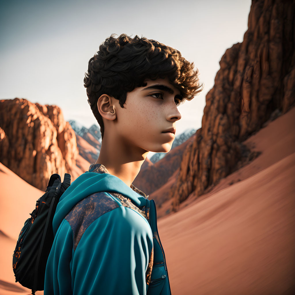 Curly-Haired Person with Backpack Gazes at Desert Sunset