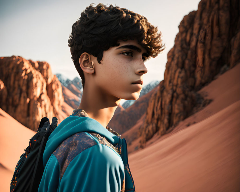 Curly-Haired Person with Backpack Gazes at Desert Sunset