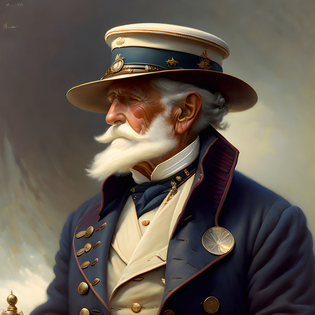 Elderly man in navy blue uniform with white beard