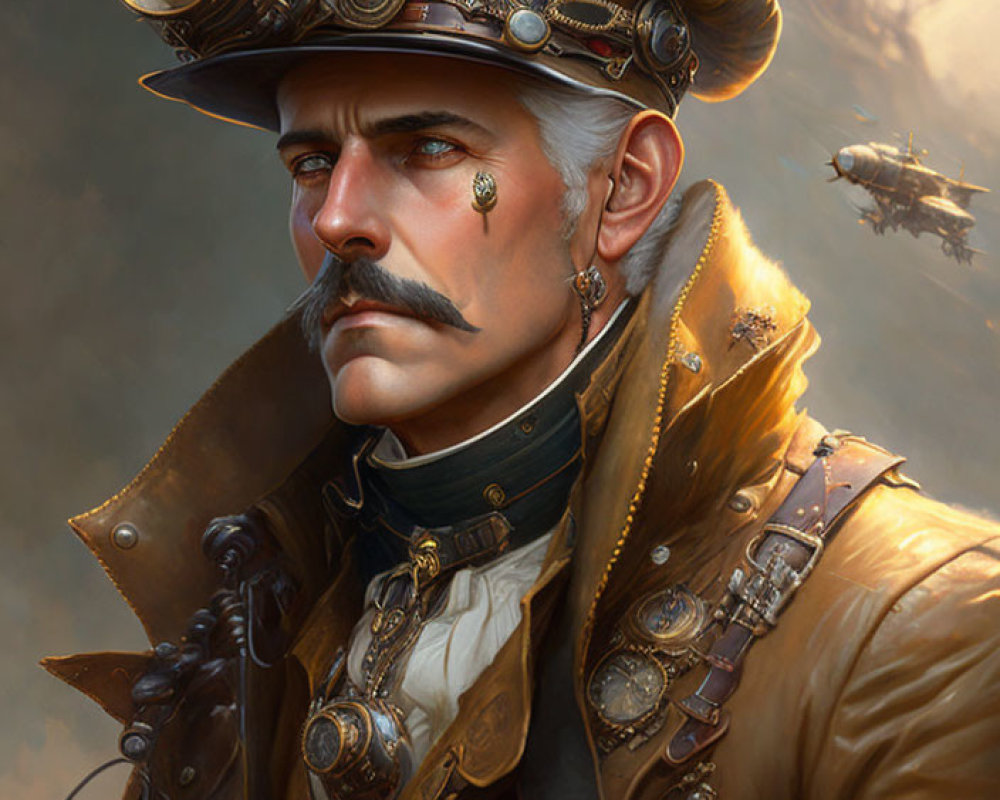 Steampunk-themed portrait of mustachioed man with monocle, adorned with gadget-filled hat