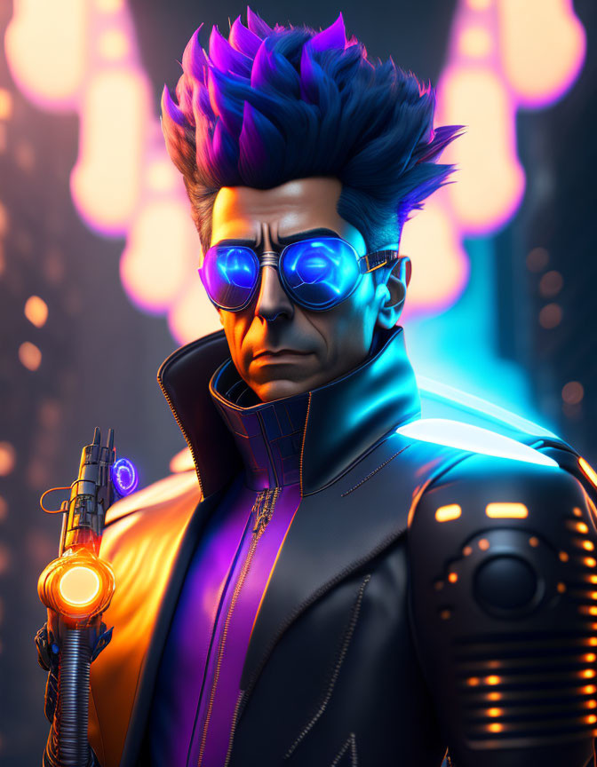 Futuristic character digital artwork with spiked hair, sunglasses, and glowing weapon