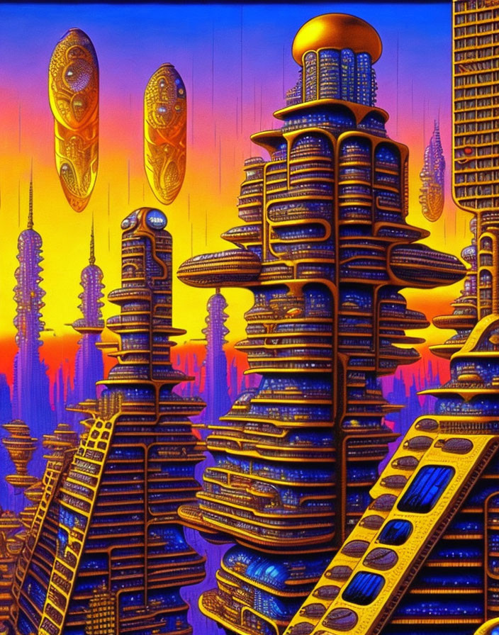 Futuristic cityscape at sunset with towering skyscrapers & flying vehicles