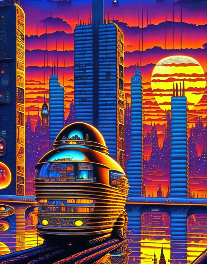 Retro-futuristic cityscape with skyscrapers and domed vehicle at sunset