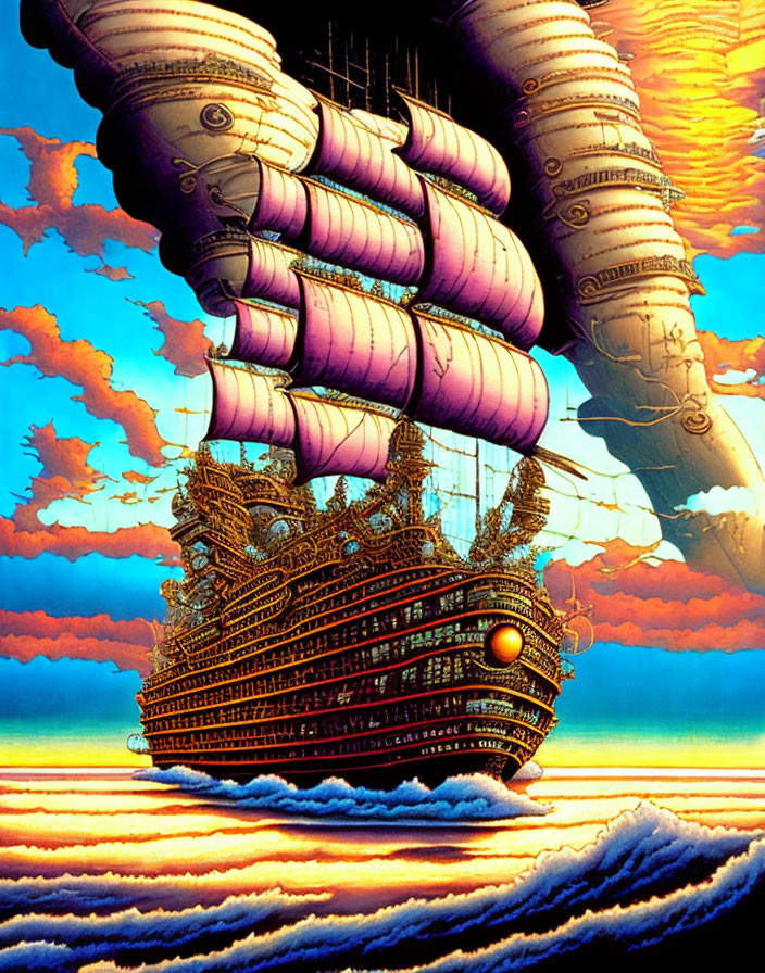 Fantastical ship with towering sails in vibrant sunset above clouds