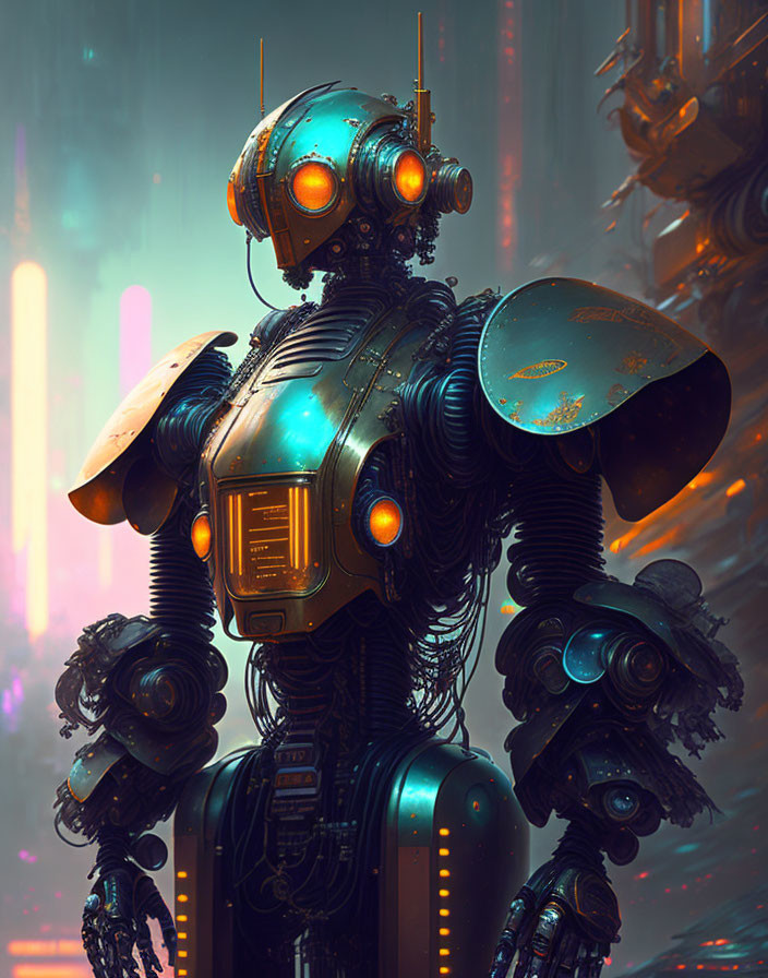 Detailed Image: Robot with Blue Glowing Eyes in Neon-lit Cityscape