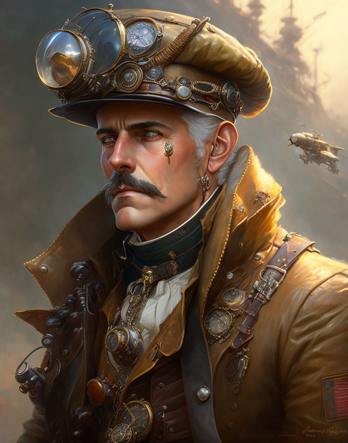 Steampunk-themed portrait of mustachioed man with monocle, adorned with gadget-filled hat