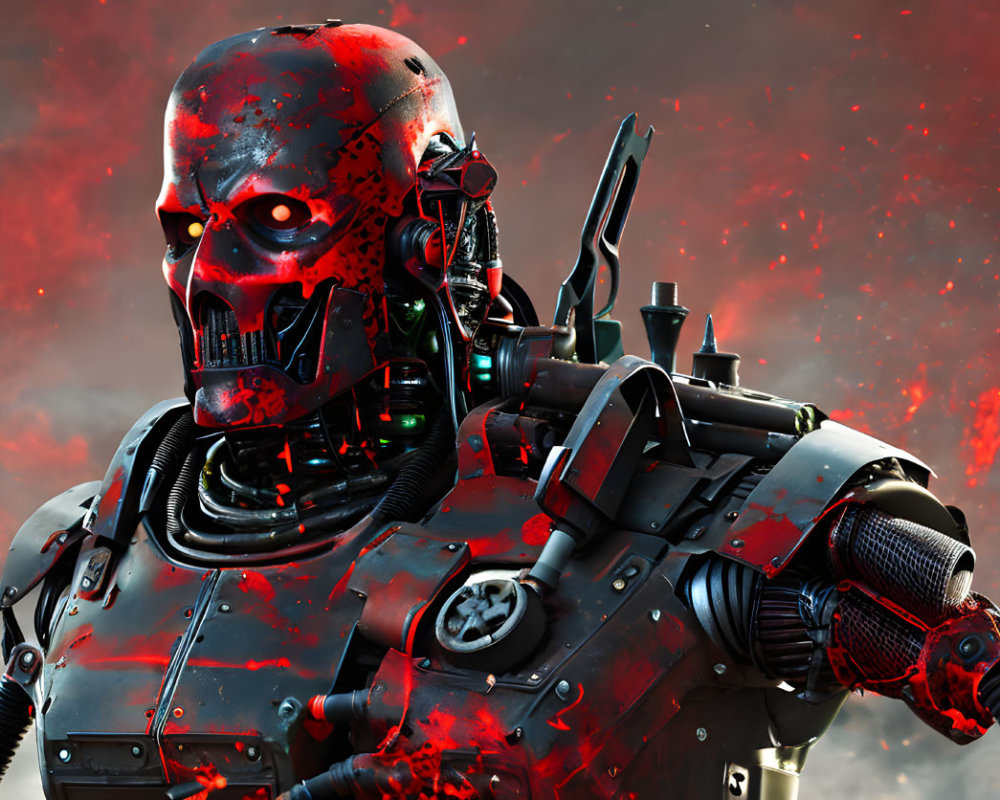 Detailed close-up of red-tinted metallic robot with glowing eyes and intricate mechanical details against reddish