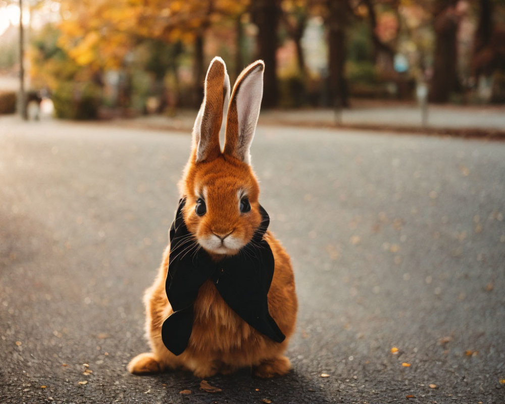 Black Bow Tie Rabbit Sitting Among Autumn Leaves at Sunset