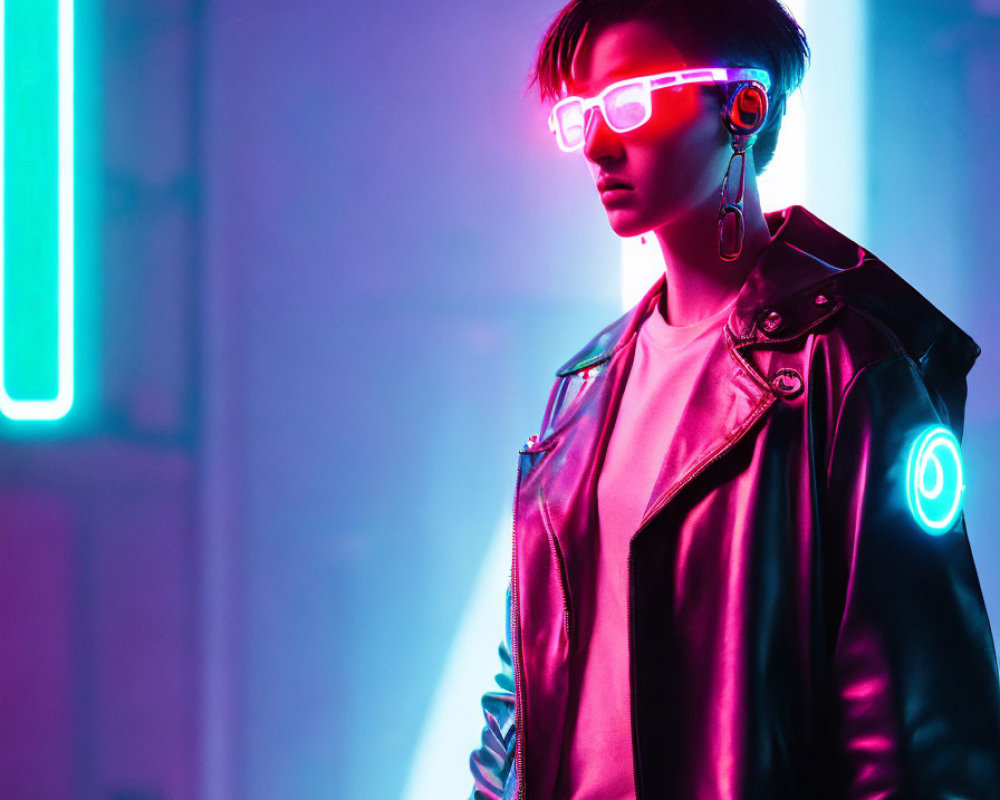 Futuristic glasses and leather jacket in cyberpunk setting