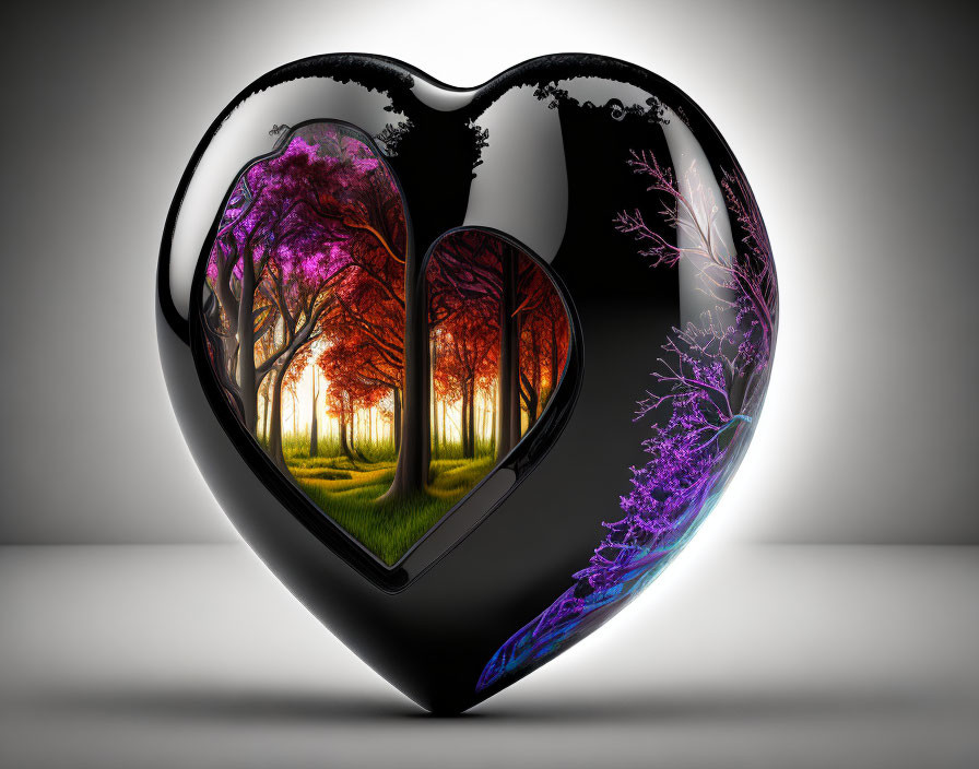 Colorful Heart-Shaped Object with Pink and Orange Forest Scene